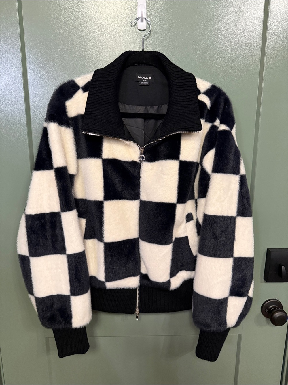 Noize Black & White Checkered Faux Fur Bomber Jacket